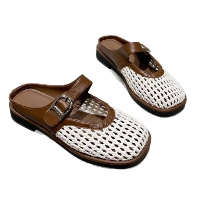 Leather hollow woven bag head slippers women's summer wear new soft bottom non-slip women's cool slippers