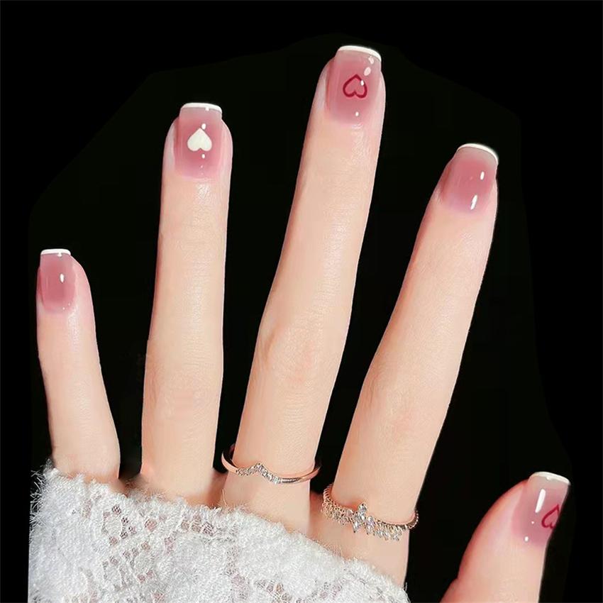 24Pcs French Ballet Press On Nails Reusable Full Cover Fake Nail Tips Artificial Manicure Set