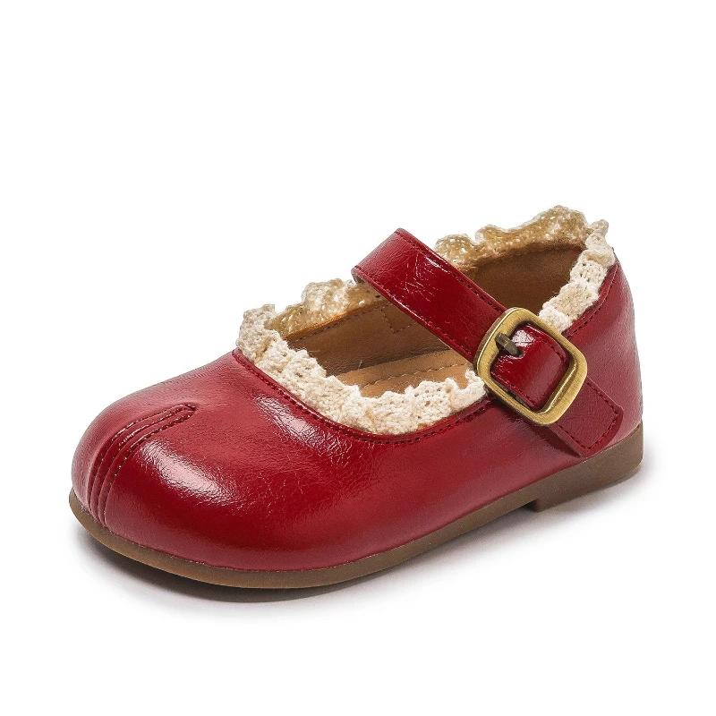 Spring Autumn Children s Leather Shoes New Simple Toddlers Ballet Girls Fashion Shoes Wine Red Versatile Ruffled Edge Kids Flats 24