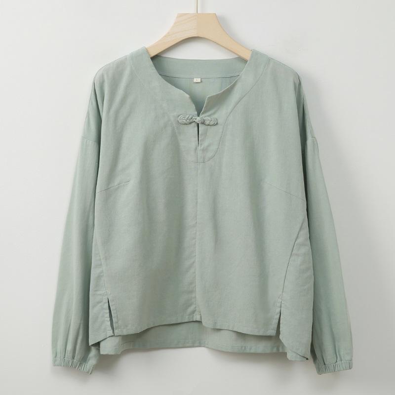 

Johnature Women Vintage Pullover T-Shirts Soft Spring Solid Color Long Sleeve Button Casual Loose T-Shirts L светло-зеленый