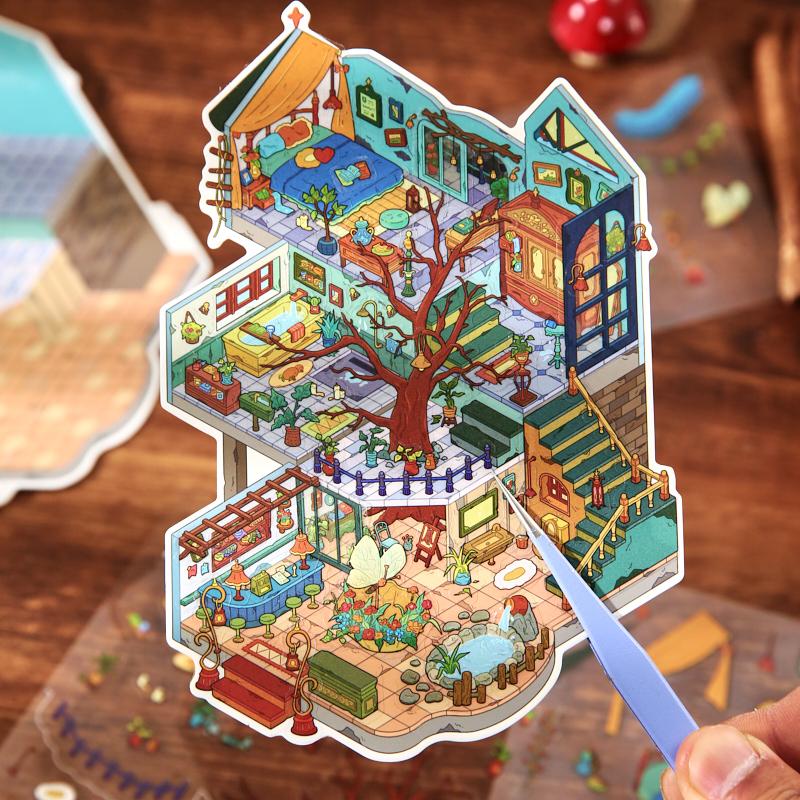 JIAMEI Kaleidoscope 1.0+2.0 Series Kawaii 3D Cartoon House Miniature Landscape Stickers DIY Scrapbook Fun Album Stickers