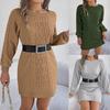Sukienka swetrowa pulower z okrągłym dekoltem w jednolitym kolorze, elegancka, z warkoczami, dzianinowa, z długim rękawem, bodycon, luźna, casualowa, sukienka nietoperzowa