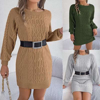 Round Neck Pullover Sweater Dress Solid Color Elegant Fried Dough Twists Knitting Dresses Long Sleeve Bodycon Loose Dresses Causal Bat Dress