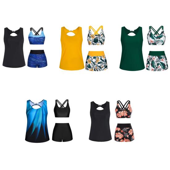 3Pcs/Set Women Bikini Set U-Neck Padded No Wire Bra Swimming Tops Swimming Trunks Set Beach Swimwear