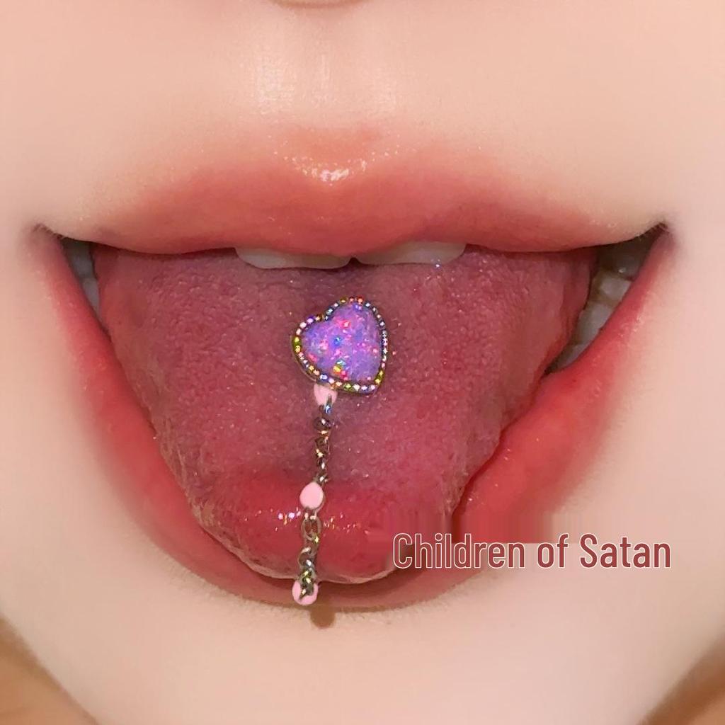 Satan's Child Pampered Mermaid Heart Opal Tongue Stud - Titanium Steel Chain Tongue Ring