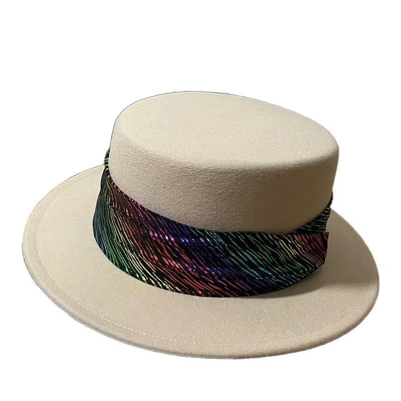 Flat Top Hat Women's Autumn and Winter New French Retro Imitation Wool Celebrity British Style Flat Brim Big Edge Hat Hepburn Hat