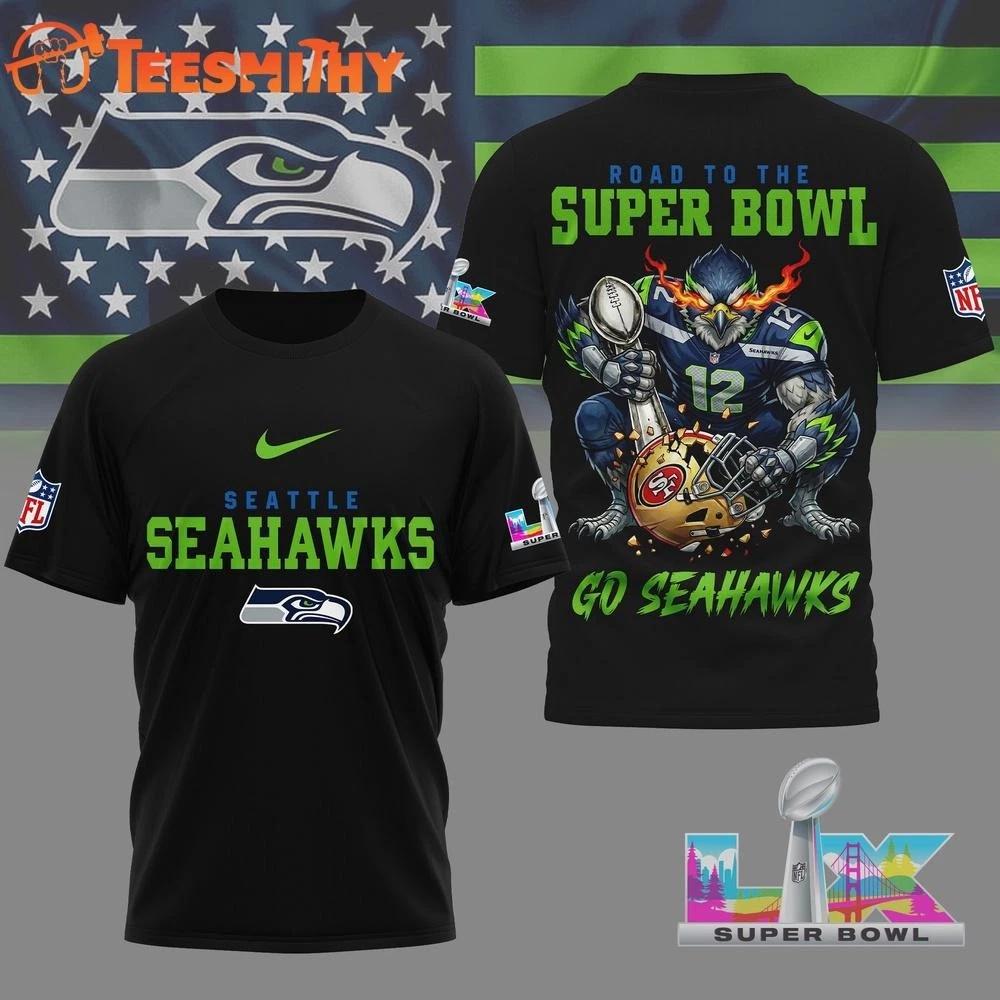 Seattle Seahawk 2026 NFL Road To Super 1Bowl Black 3D Shirt S-5XL L
