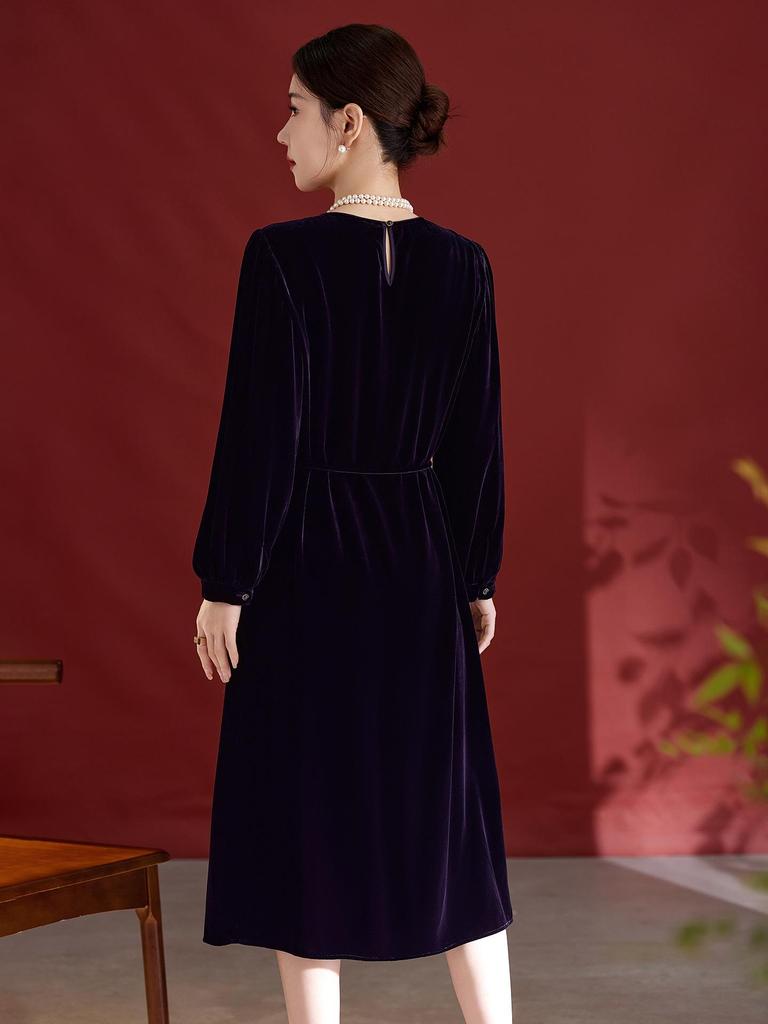 Elegantes Retro Samt-Midikleid aus Seide - Damen Bindegürtel, Langarm, Maulbeerseide für Herbst/Winter