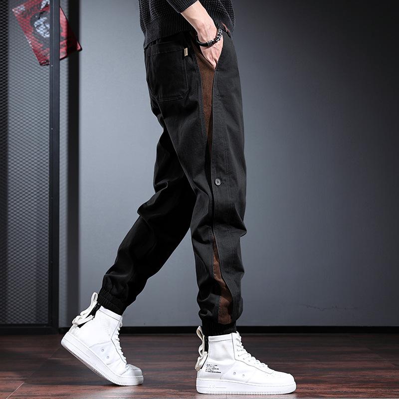 

Autumn and winter large size tied feet contrasting colors men s casual pants casual loose high-end gray tooling pants men 4XL weight 191-110 kg чёрный