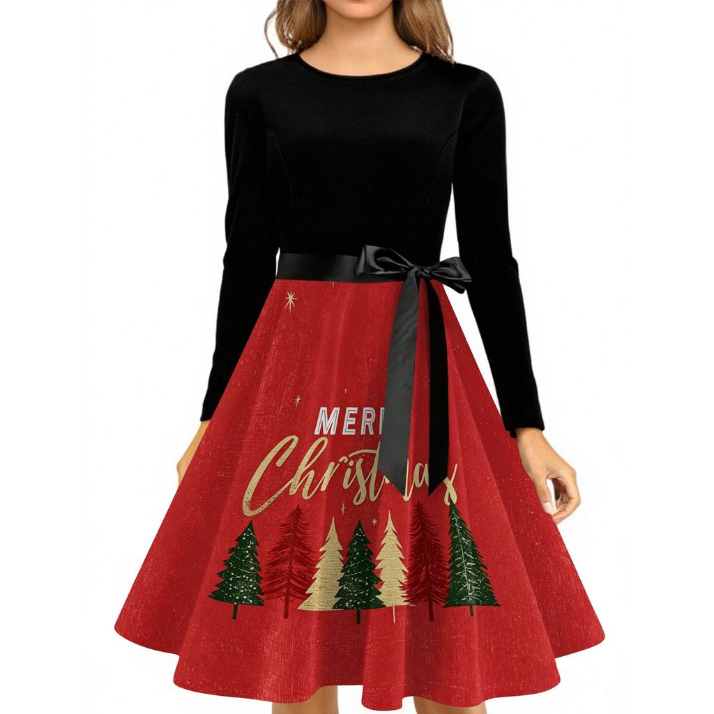 Women's Vintage Christmas Print Round Neck Casual Dress