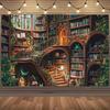 2D Old Enchanted Library Tapestry Magical Bookshelf Wall Art for Home Decor