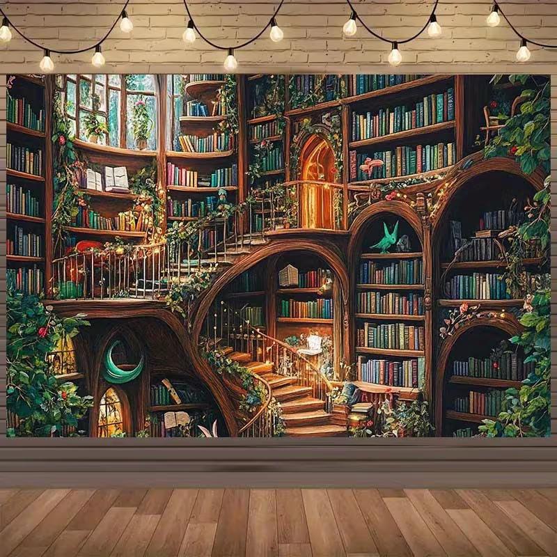 2D Old Enchanted Library Tapestry Magical Bookshelf Wall Art for Home Decor