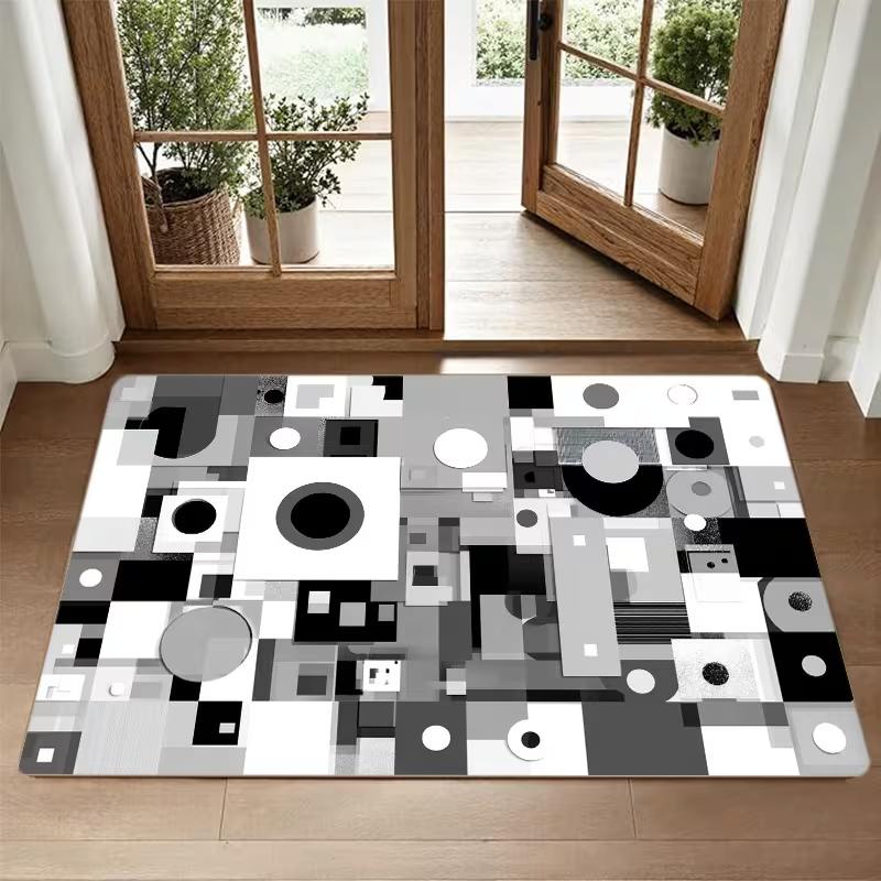 Black White Abstract Geometric Pattern Doormat Minimalist Style Daily Home Use Absorbent Non-slip Carpet for Home Offices Etc