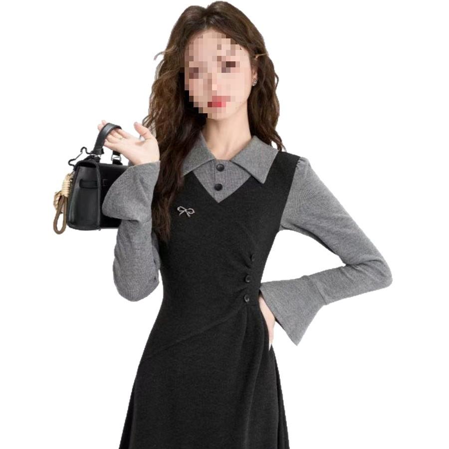 Spring new large size fat mm fake two-piece trendy French retro dress, thin women's black long skirt