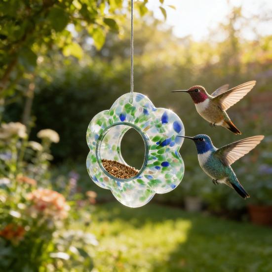 Colorful Glass Bird Feeder Outside Hanging Fly Through Bird Feeder Flower Shape Birdfeeder for Blue Jay Finch Garden Decor