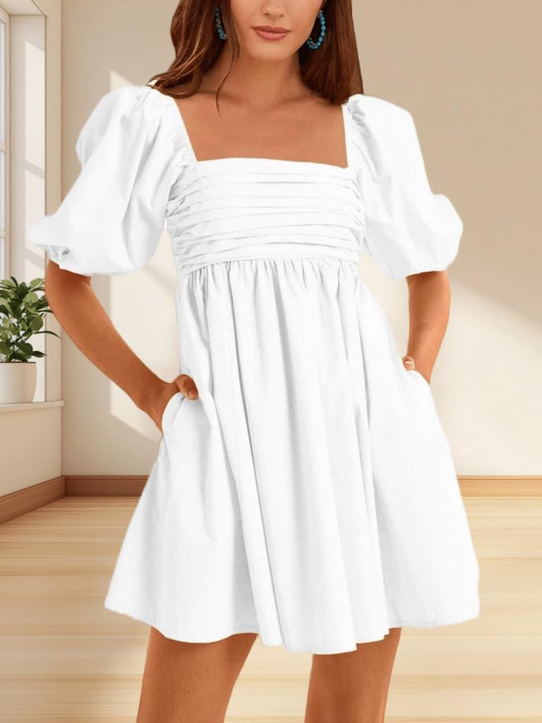 Womens Square Neck Babydoll Dress Puff Sleeve Smocked Backless Mini Dress