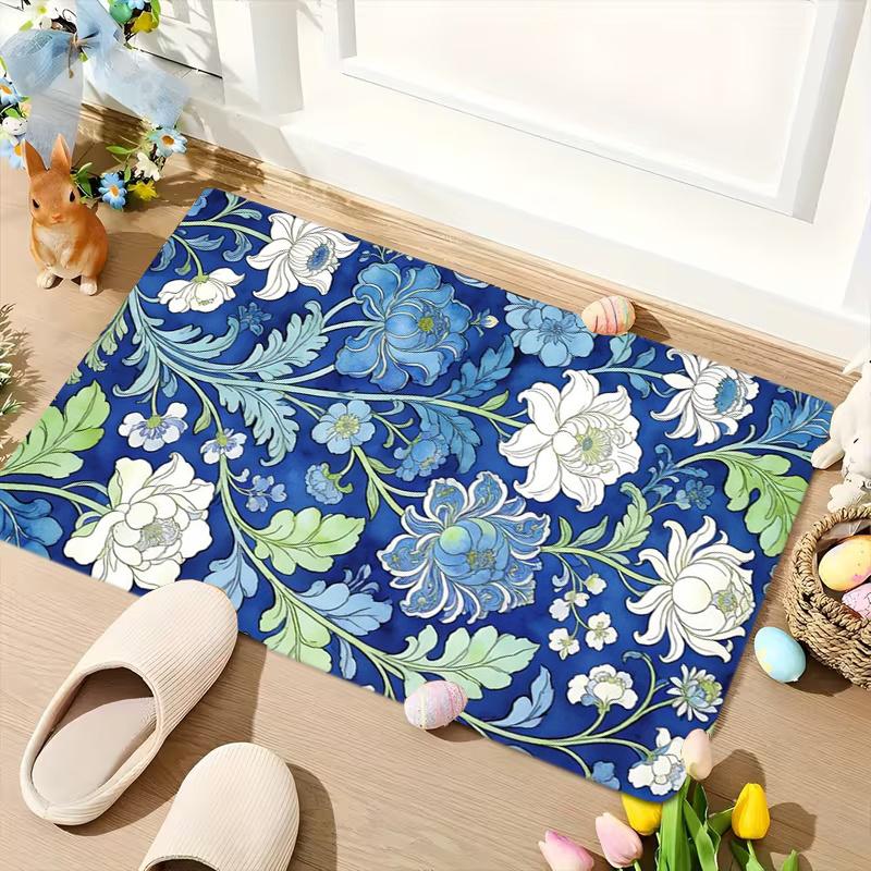 1 Stück 2D Flaches Blau Weißes Floral-Rankenmuster Flanell Fußmatte Rutschfest Gartenstil Teppich für Eingangsbereich Terrasse Schiebetür Dekoration