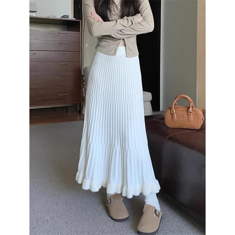 

Новая вязаная юбка для женщин с высокой талией, свободными бедрами и узкой шерстяной юбкой средней длины, плиссированная юбка для женщин XL белый