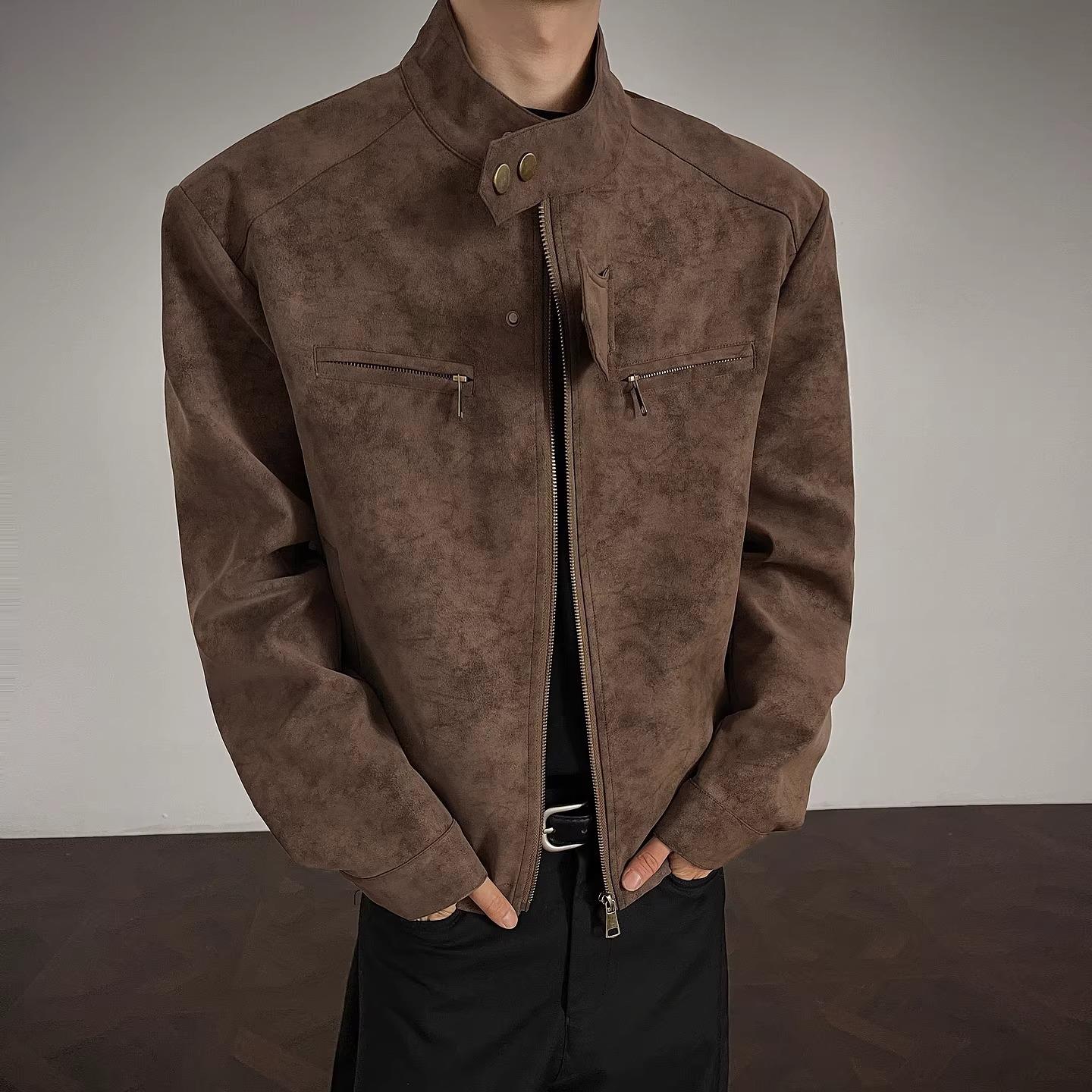 

Unisex Retro Tie-Dye Stand-Up Collar Harrington Jacket: Autumn High Street Versatile Short Motorcycle Outerwear XXL коричневий