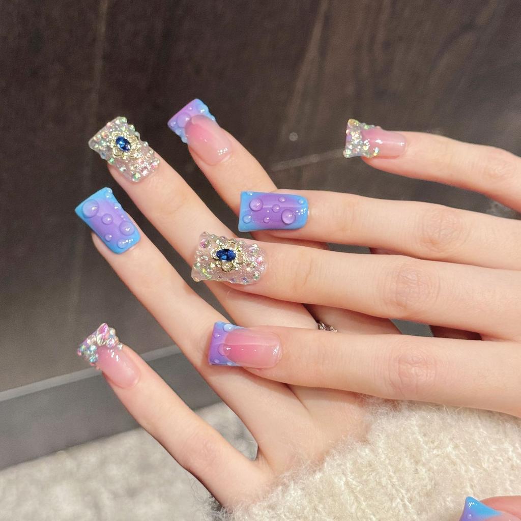 Square Press On Nails Purple Fake Nails with Glitter Design Press Ons Artificial Acrylic False Nails Full Cover Stick On Nails Glue On Nails for Women