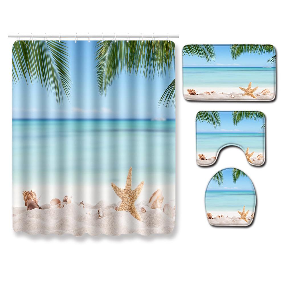 Beach Shower Curtain Floor Mat Combination Four-Piece Set Bathroom Toilet Carpet Shower Room Mat Foot Mat