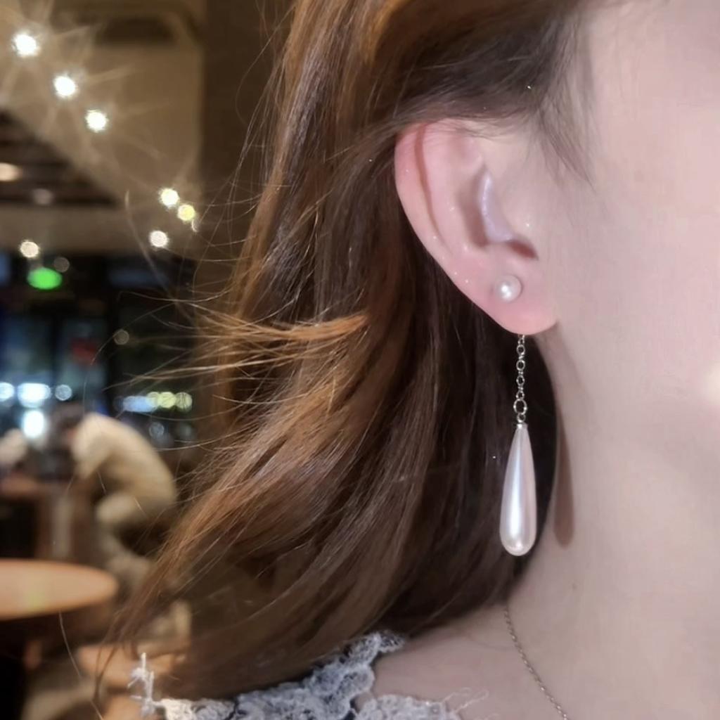 Simple Water Droplet Pearl Dangle Earrings for Women Wedding Party Elegant Round Drop Earrings Long Geometry Vintage Jewelry