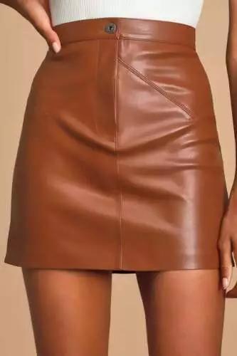 Minifalda de Mujer de Cuero de Diseño de Napa Genuina Marrón Suave de Cintura Alta