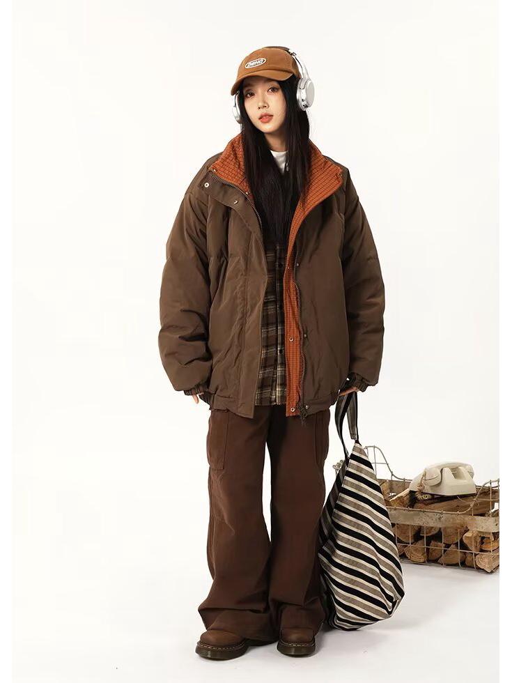 Unisex Japanese Retro Reversible Padded Stand Collar Cotton Jacket, Winter Warm, Mallard Green, Loose Fit Workwear Coat.
