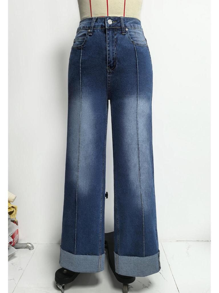 2026 Spring Women's High-Waisted Retro Wide-Leg Jeans with Center Seam Cuffs