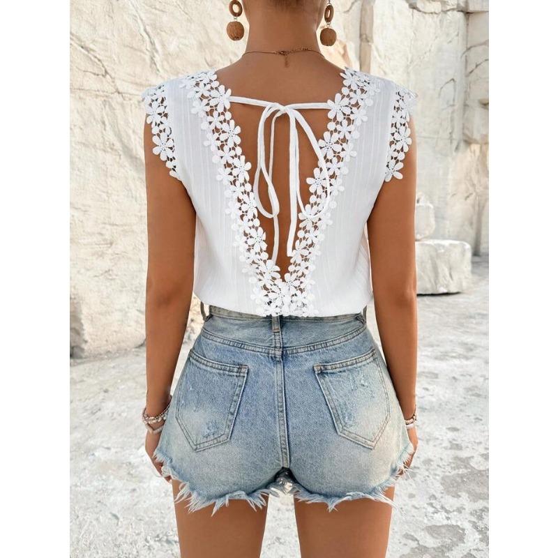 V-hals Rugloze Patchwork Uitgesneden Kant Blouse Zomer Nieuwe Kraag Vest Top voor Dames Losse Mouwloze Shirts Zoet Effen Kleur Casual Losse Kleding