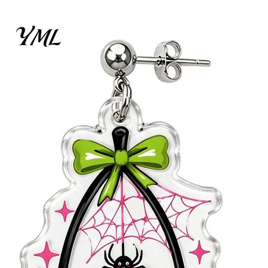 Charming Aesthetic Earrings 1 Pair Acrylic Cherry for Women, 2D Fruit Dangle Drop Unique Lightweight with Spider Web And Bow, Punk Jewelry Halloween