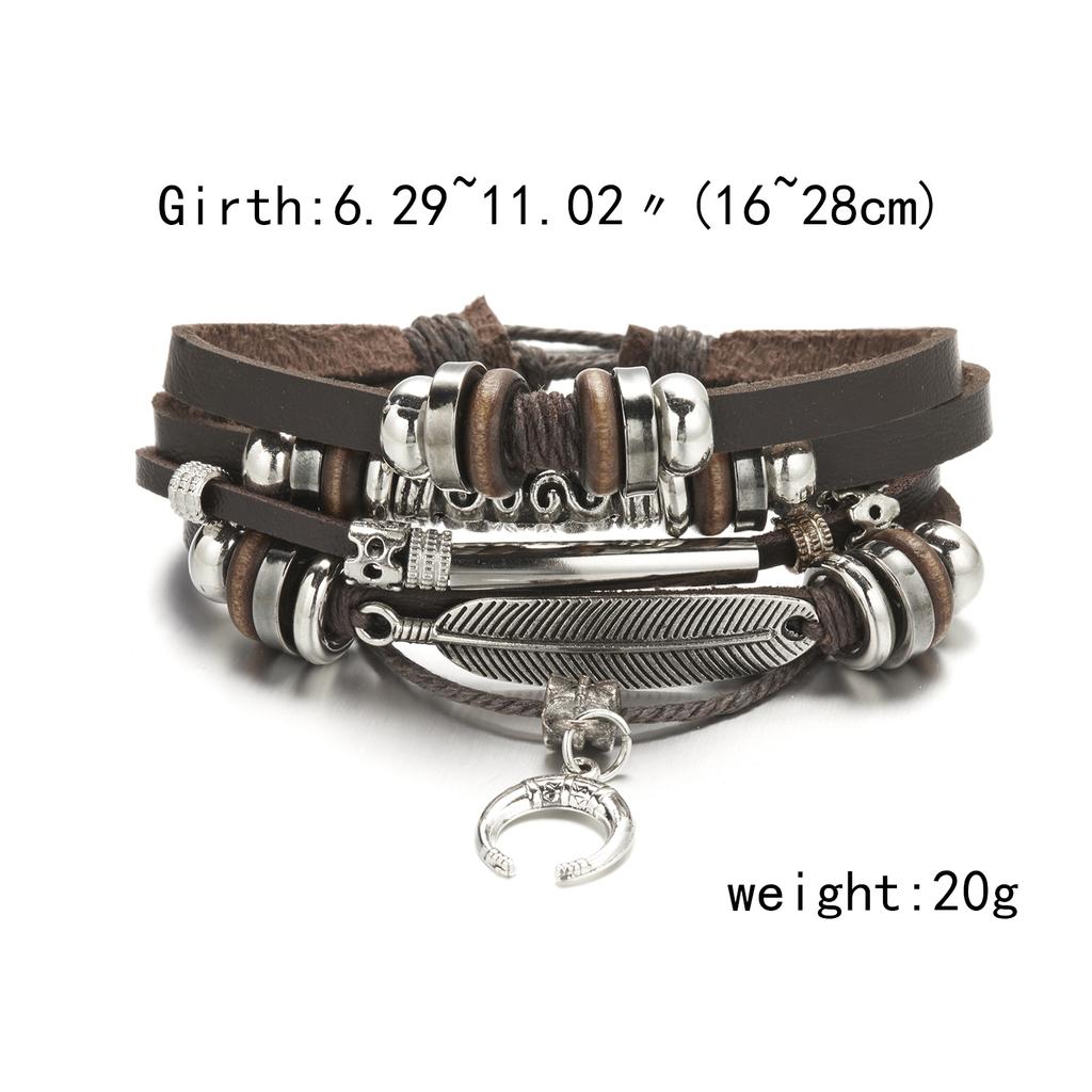 Vintage Multi-layer Feather Moon Leather Braid Bracelets Bangles For Men Handmade Geometric Star Rope Wrap Bracelet Jewelry Gift