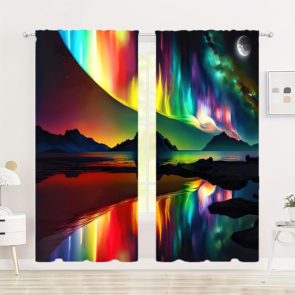2pcs Galaxy Auroral Starry Pattern Curtains Rod Pocket Window Drapes Window Treatments For Bedroom Living Room Home Decoration