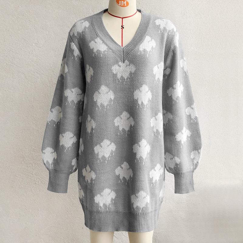 Wiosna jesień chmury wzór powyżej kolana Mini sweter z dzianiny sukienka kobiety dorywczo proste O-Neck pełna rękaw luźna talia S-L