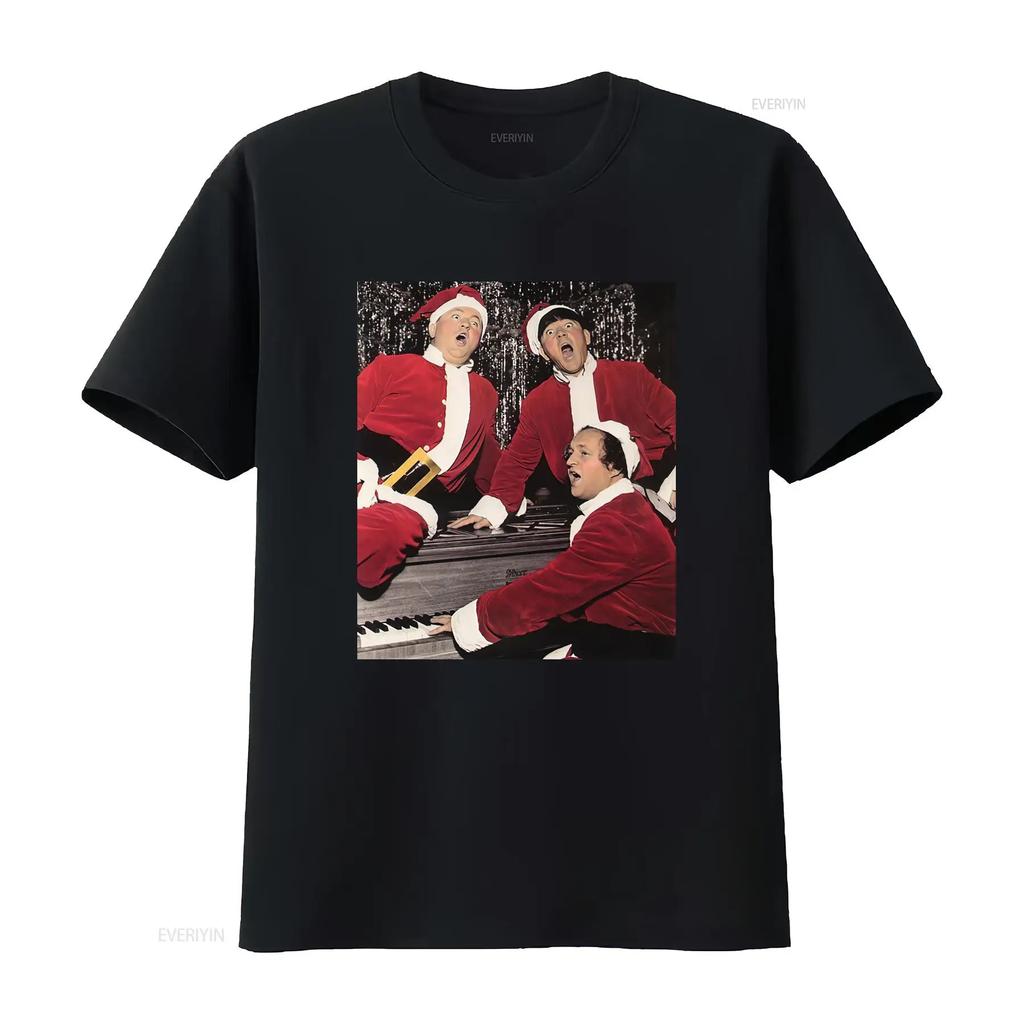 Vintage Funny Three Stooges Christmas Santa Singing Piano Print Casual T Shirt Vintage Washed Unisex Homme Fashion