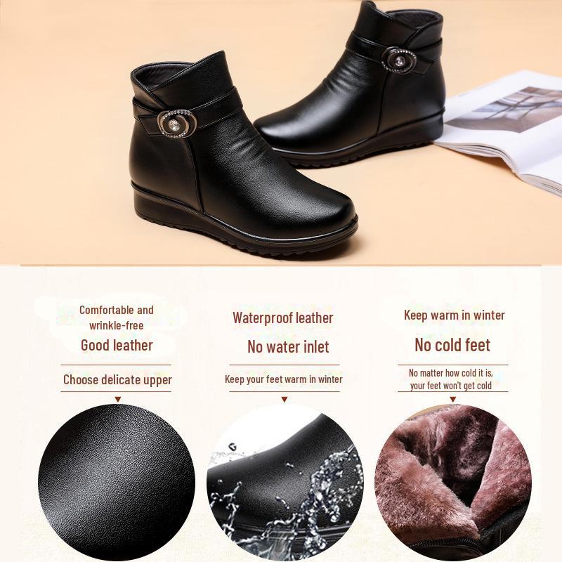 Γυναικείες Βελούδινες Μπότες Μικρού Μήκους από Βαμβάκι με Αντιολισθητική Σόλα για Μεσήλικες και Ηλικιωμένες - Ζεστά Χειμερινά Δερμάτινα Παπούτσια για Μαμάδες και Γιαγιάδες