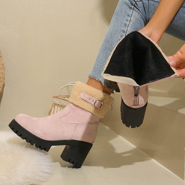 Womens Belt Buckle Large Size Soft Sole Winter Warm Fur Snow Boots Padded Lined Ankle Boots Non-Slip Hiking Casual Sports Cotton Boots Martin Boots