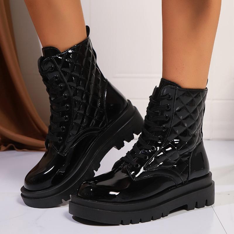 Patent Leather Platform Ankle Boots Women Lace-Up Chunky Heels Motorcycle Botas Mujer Thick Bottom Autumn Boots Woman 2025 New
