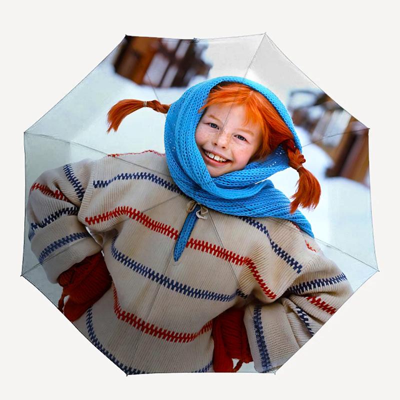 Ombrello da Viaggio a Tema Pippi Calzelunghe - 8 Stecche, Apertura e Chiusura Automatiche, Design Pieghevole Portatile, Ombrello Compatto ed Elegante Adatto
