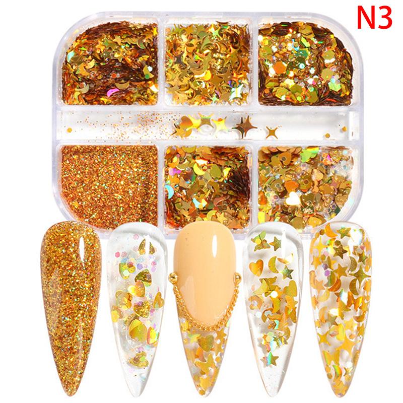 1 Box Of 6 Grids 3D Mini Round Nail Sequin Kawaii Korean Black Dot Nail Art Flake Y2K Golden Silvery Shinny Charms Accessories