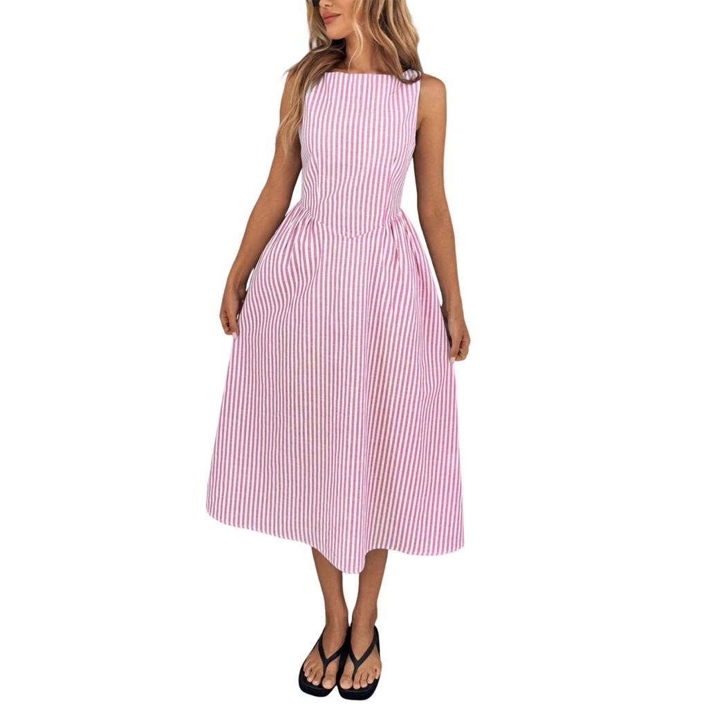 Abito Lungo a Righe Verticali da Donna, Casual Europeo e Americano Senza Maniche con Tasche, Abito alla Moda