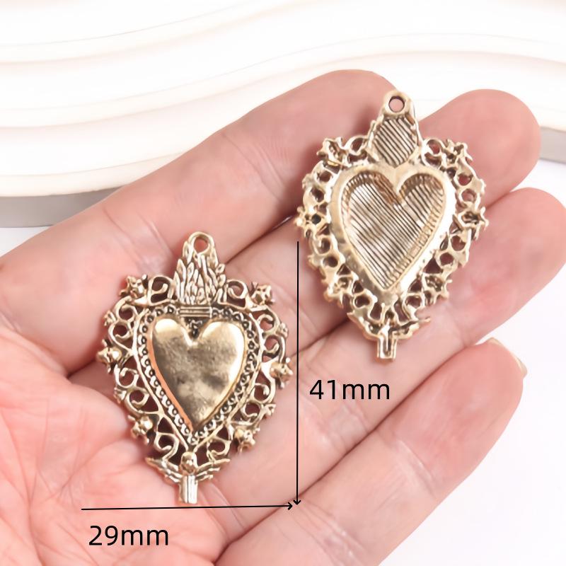 Cross Retro Sacred Heart Flame Pendant: Love Heart Aged KC Gold Blackened DIY Charm Necklace