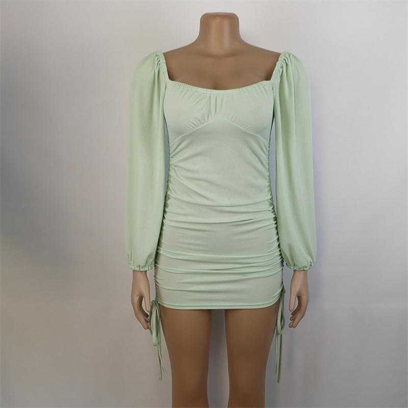 Long Sleeve Bodycon Dress Women Low Neck Rib Sexy Slim Fit Drawstring Pleated Wrapped Hip Mini Dress