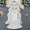Sommer Damer Elegant V-hals Enkeltspent Strikket Futteral Genser Lang Maxi Fishtail Kjoler