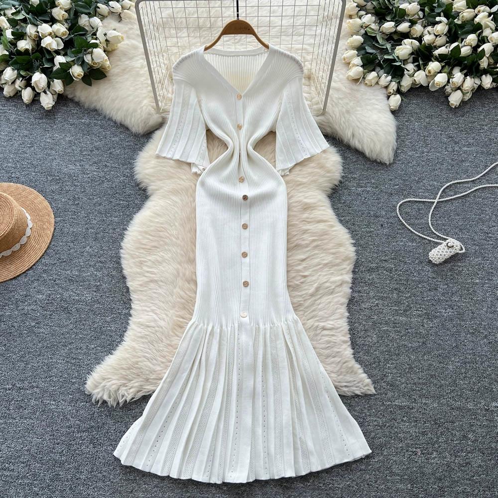 Sommer Damer Elegant V-hals Enkeltspent Strikket Futteral Genser Lang Maxi Fishtail Kjoler