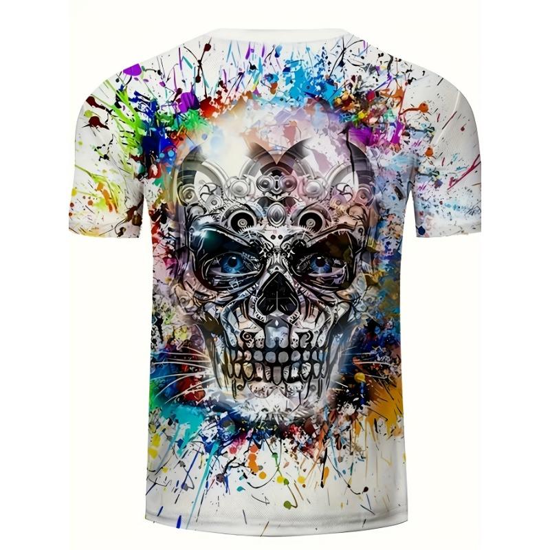 Men's Skull T-Shirt Colorful 3D Paint Splatter Graphic Printed Casual Short Sleeve O-Neck Pullover Streetwear Summer Tee Tops Male Clothing
