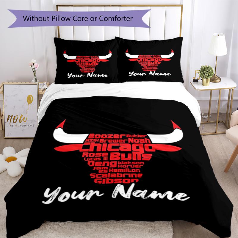 3pcs Custom Name Chicago Bulls Bedding Set Duvet Cover Closure Includes 1 Duvet Cover & 2 Pillowcases, Soft and Comfortable for All Seasons.