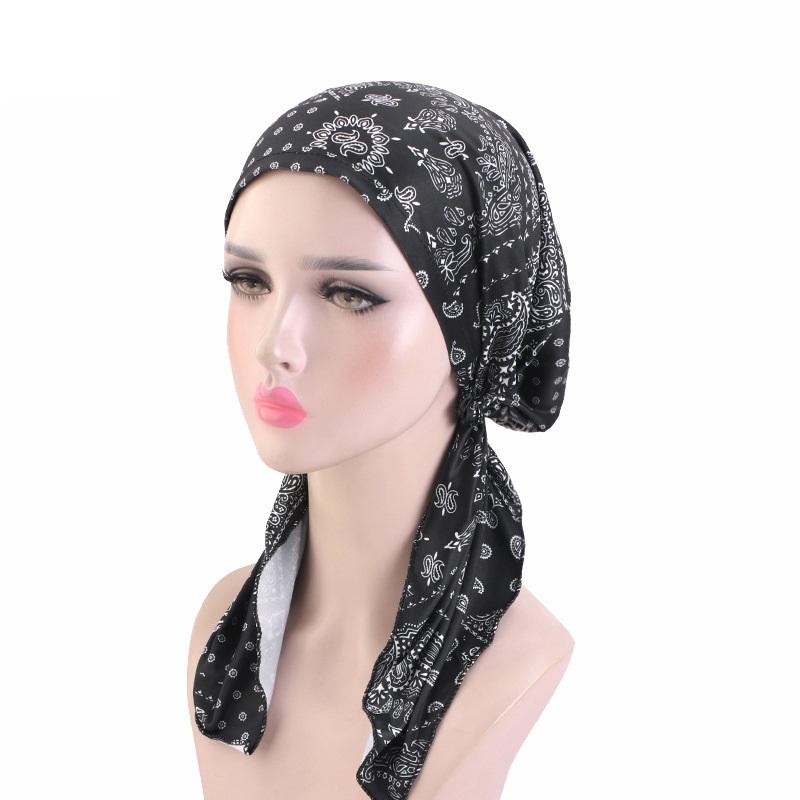 New Women Printed Pre-Tied Turban Cap Muslim Hijab Inner Caps Hair Loss Cover Beanies Bonnet Long Tail Headscarf Strech Bandana
