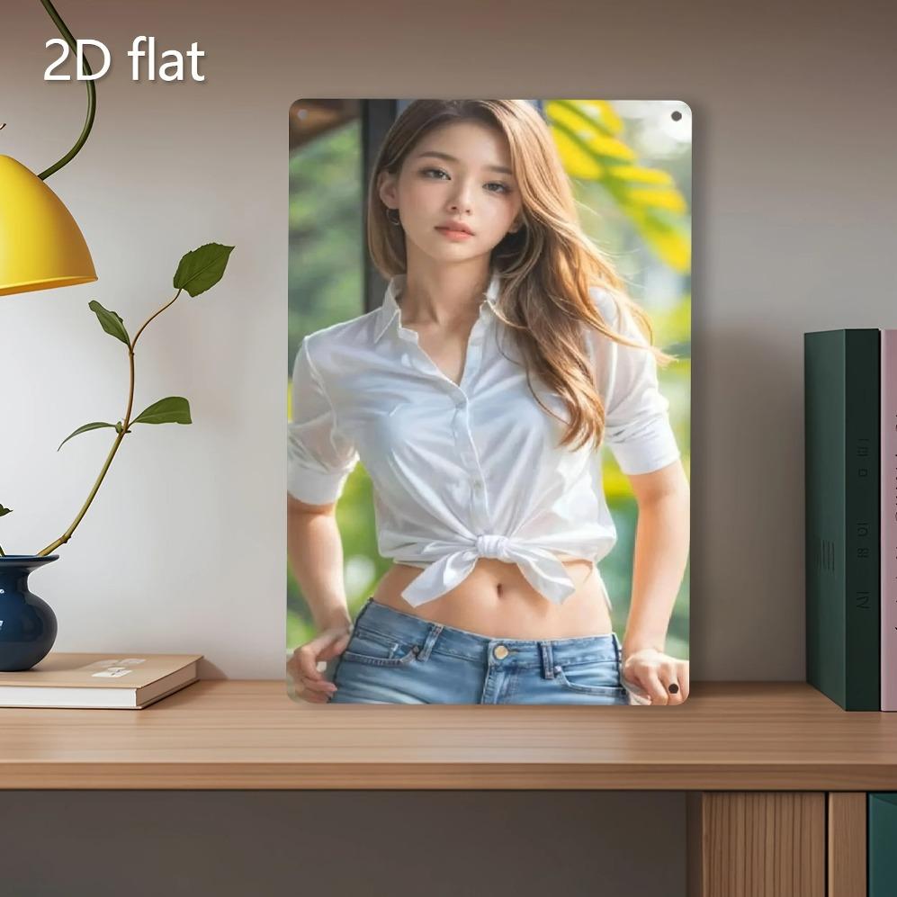 HD Metal Wall Art Beautiful Asian Woman in White Tied ButtonUp Shirt and Blue Denim Shorts Standing in Bright Indoor Setting wi