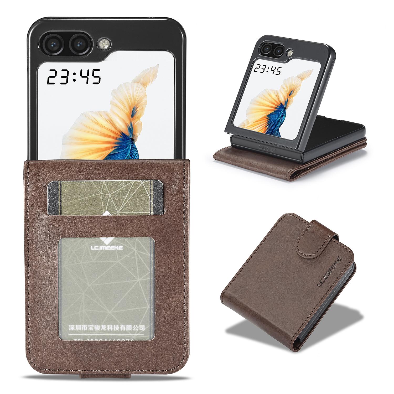 

LC.IMEEKE For Samsung Galaxy Z Flip5 5G PU Leather Phone Case Card Holder Calf Texture Stand Cover Brown